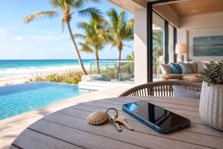 Keys beside a smartphone at a Florida Gulf Coast vacation rental overlooking the beach