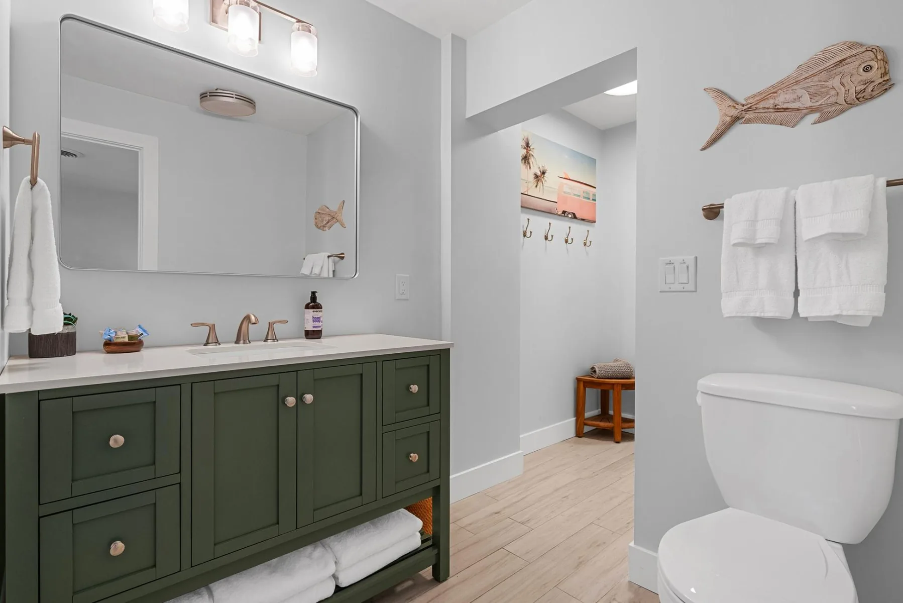 3/4 bath is between bedrooms #2 and #3. It's also accessible from the game room.