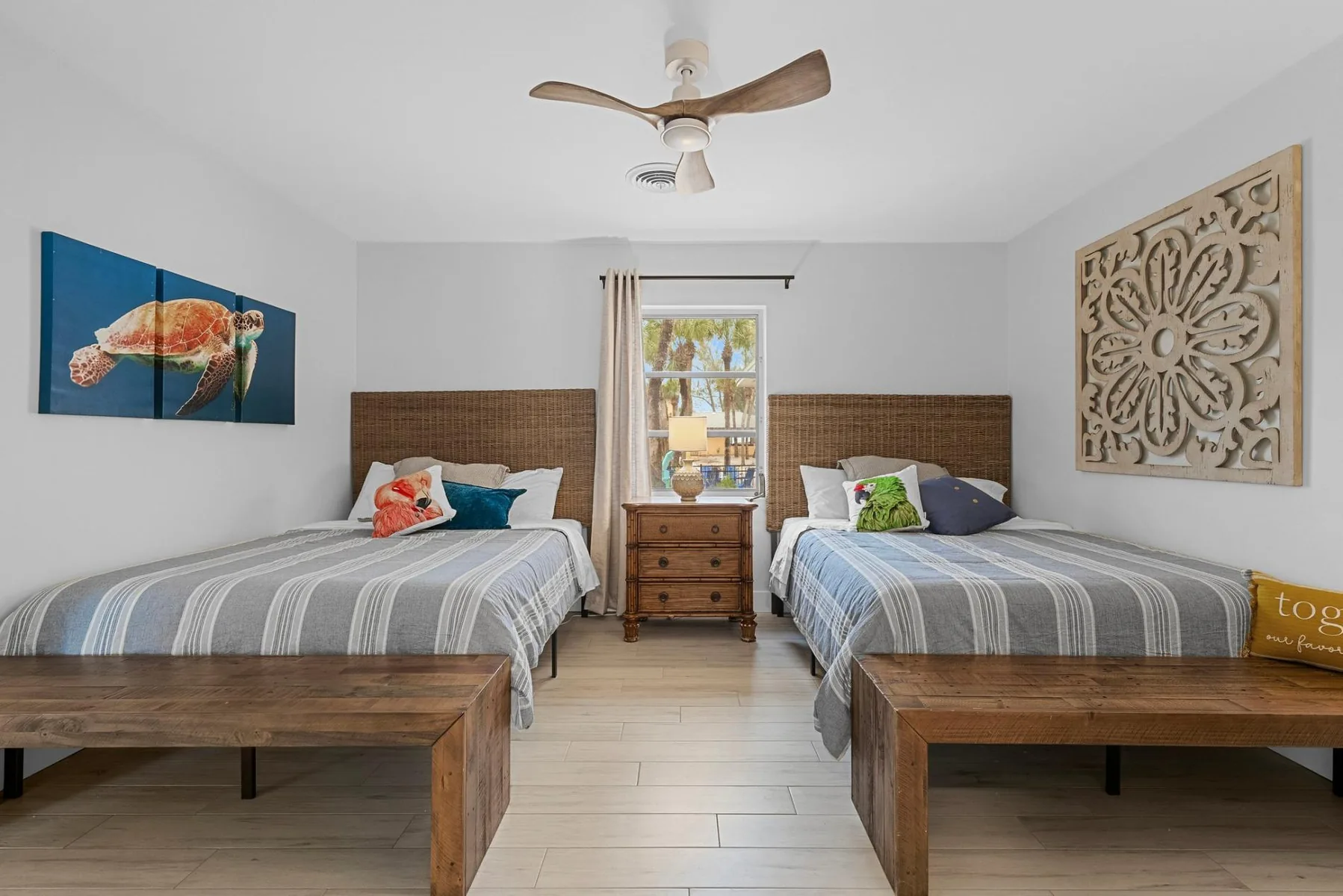 Bedroom #3 with 2 queen beds, closet and adjacent 3/4 bathroom.