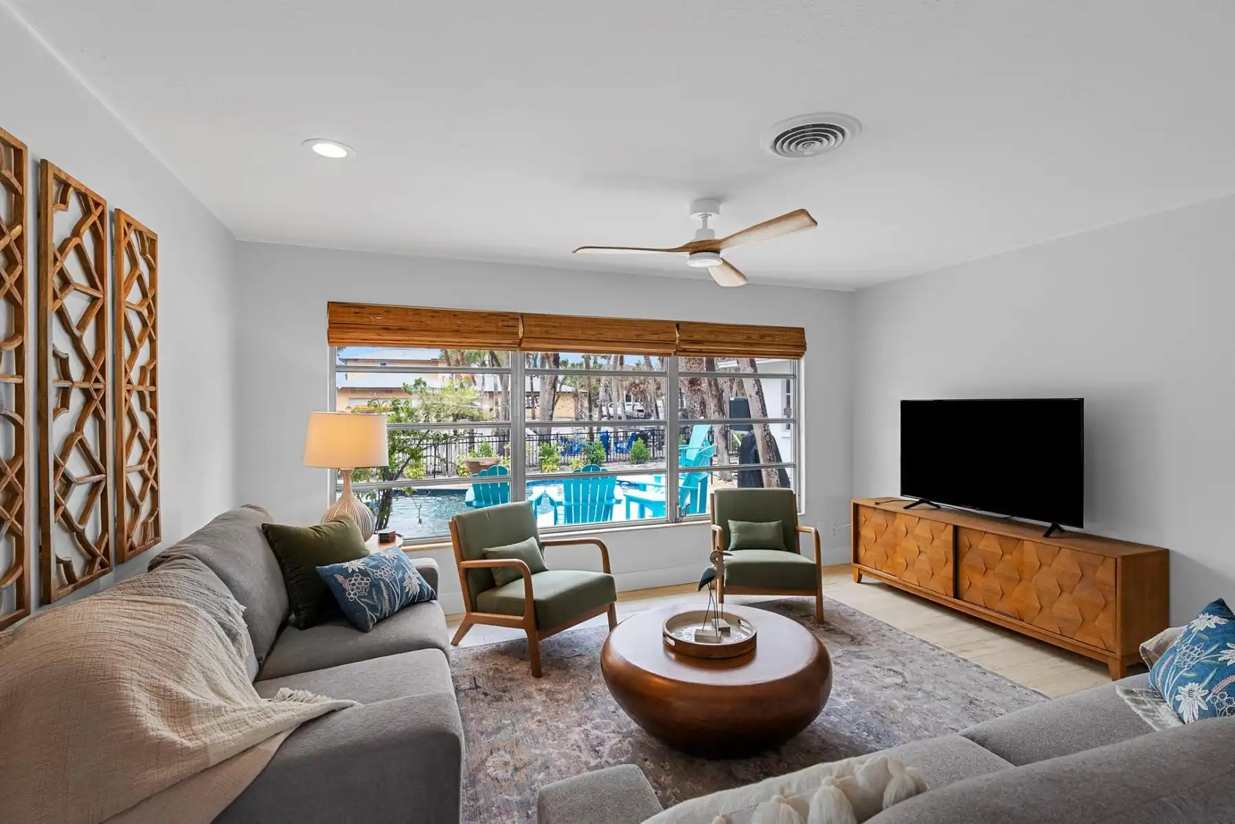 Living room overlooking pool.