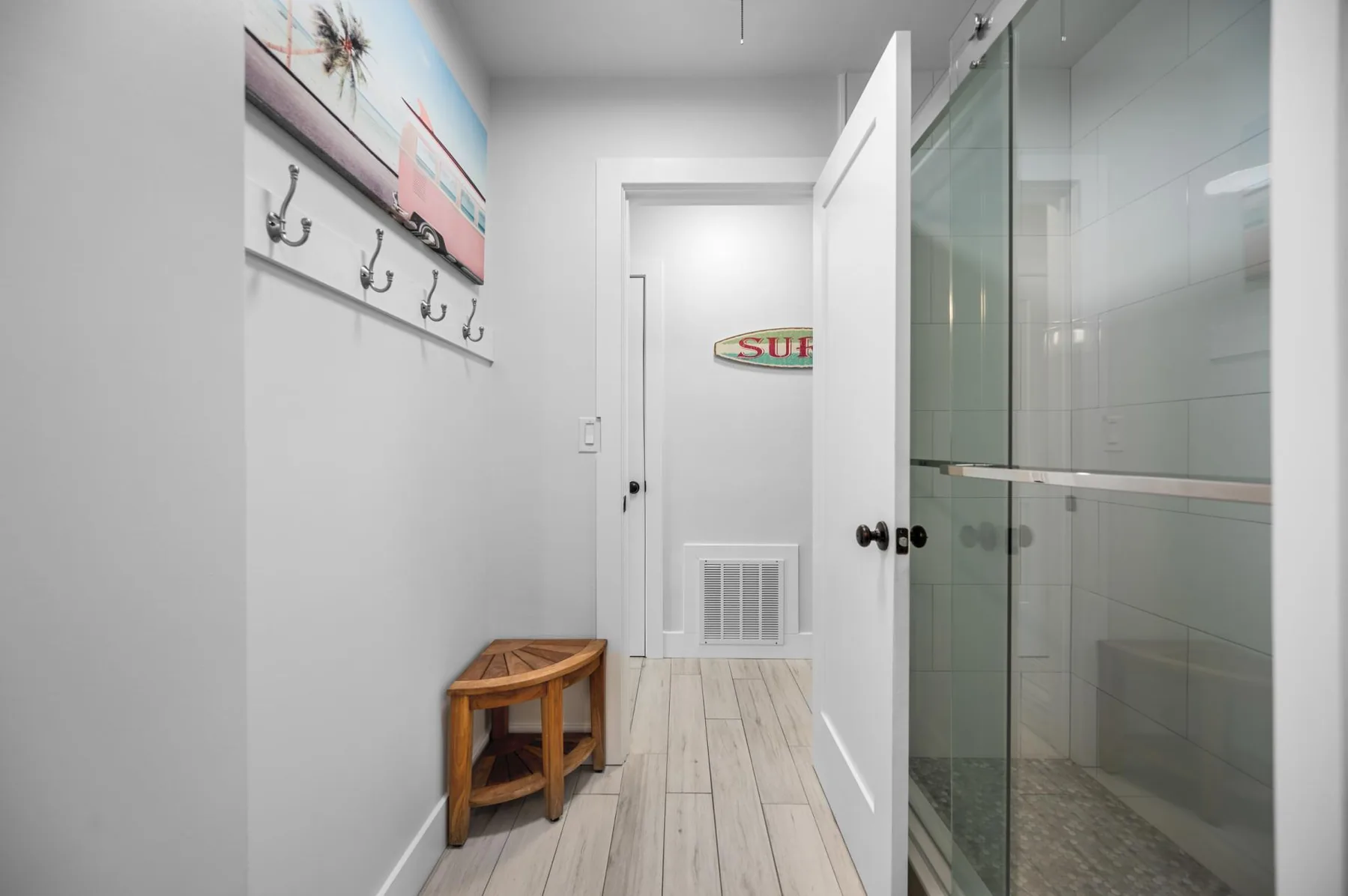 3/4 bath is between bedrooms #2 and #3. It's also accessible from the game room.