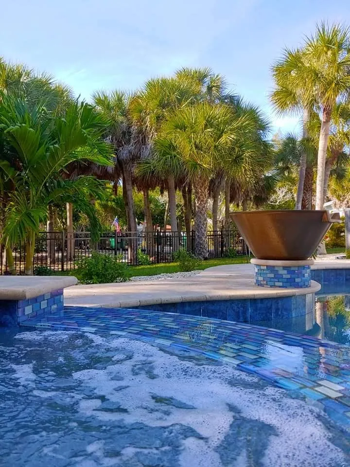 Pool and spa, just big enough to cool off. Underwater benches in both the pool and spa. Shallow ledge with bubbler for the littles, or just for sunning.